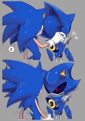 180_head_turn 2boys furry furry_male grey_background grin highres humanoid_robot metal_sonic motion_blur multiple_boys musical_note red_eyes robot smile sonic_(series) sonic_the_hedgehog spoken_musical_note surprised tapping_shoulder yenn_une