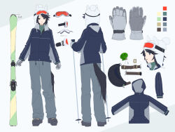 1girl animal_ear_headwear animal_ears bag baggy_pants beanie belt black_hair blue_coat boots closed_mouth coat color_guide fake_animal_ears fuji_kiseki_(umamusume) gloves goggles green_shirt grey_gloves grey_pants hat highres holding_ski_pole hood hooded_coat horse_ears horse_girl horse_tail long_sleeves michia_(bourgognepony) multiple_views open_mouth pants reference_sheet shirt short_hair ski_goggles ski_pole skis smile standing tail turnaround umamusume white_background white_hat