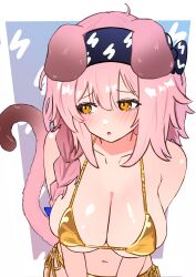1girl :o absurdres alternate_costume animal_ears arknights armpit_crease averting_eyes bare_shoulders bikini black_hairband blush border braid breast_focus breasts cat_ears cat_girl cat_tail cleavage collarbone commentary dot_nose embarrassed floppy_ears gold_bikini golden_week golden_week_bikini goldenglow_(arknights) hair_between_eyes hairband highres large_breasts long_hair micro_bikini navel nikaidou_tetsuo outside_border parted_lips pink_hair pink_tail shiny_clothes shiny_skin side-tie_bikini_bottom solo spaghetti_strap string_bikini swimsuit tail tail_raised white_border yellow_bikini yellow_eyes