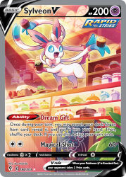 Rule 34 | :d, animal focus, artist name, blue sclera, bread, card (medium), chalk drawing, chalkboard, character name, colored sclera, company name, copyright name, copyright notice, cupcake, english text, fangs, food, gen 6 pokemon, holding, holding food, indoors, jar, leaf, light particles, nintendo, nishida yuu, no humans, official art, open mouth, plant, pokemon, pokemon (creature), pokemon card, pokemon focus, pokemon tcg, ribbon, smile, solo, sylveon, third-party source, trading card, white eyes