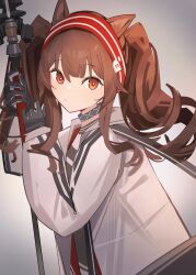 Rule 34 | 1girl, :/, angelina (arknights), animal ears, arknights, bag, black bag, black collar, bright pupils, brown hair, chichi guai, coat, collar, fox ears, fox girl, from side, gloves, grey background, grey gloves, hairband, highres, holding, holding staff, infection monitor (arknights), jacket, leaning forward, long hair, long sleeves, looking at viewer, messenger bag, no nose, open clothes, open coat, open jacket, orange eyes, red hairband, red jacket, shoulder bag, solo, staff, striped clothes, striped hairband, twintails, two-tone hairband, upper body, white coat, white pupils