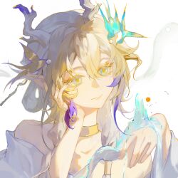Rule 34 | 1girl, arknights, bare shoulders, blonde hair, blue eyes, chinese commentary, choker, closed mouth, commentary request, dragon girl, dragon horns, hair between eyes, hair intakes, hand on own cheek, hand on own face, highres, horns, looking down, magic, multicolored hair, off shoulder, official alternate costume, pointy ears, purple hair, shu (arknights), shu (spring feast) (arknights), solo, upper body, white background, white hair, xialiangsang, yellow choker