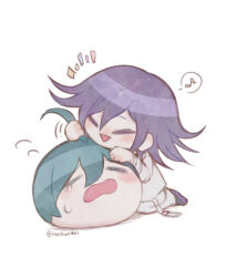 1boy :d ahoge artist_name blush chibi closed_eyes danganronpa_(series) danganronpa_v3:_killing_harmony highres inukai_(inuuowoukai) male_focus medium_hair musical_note oma_kokichi open_mouth saihara_shuichi simple_background smile speech_bubble spoken_musical_note triangle_mouth white_background