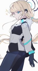 1girl absurdres ass blonde_hair blue_archive blue_bodysuit blue_gloves blue_streaks bodysuit cowboy_shot gloves haku_(yanhaku) halo highres hood hooded_jacket jacket multicolored_hair simple_background solo sparkle toki_(blue_archive) two-tone_hair white_background white_jacket