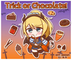1girl ayase_eli bat_wings black_boots black_hairband black_horns black_shirt black_shorts black_wings blonde_hair blue_eyes blush boots border c: cake cake_slice candy character_name chibi chibi_only chocolate chocolate_bar chocolate_cake chocolate_chip_cookie closed_mouth commentary_request cookie crepe dancing_stars_on_me! dated demon_tail detached_sleeves donut english_text fake_tail fake_wings food full_body gradient_background hair_ornament hair_scrunchie hairband halloween happy_birthday high_ponytail highres horn_hairband horns ice_cream ice_cream_cone knee_boots lace-up_boots leg_up long_hair looking_at_viewer love_live! love_live!_school_idol_project midriff navel official_alternate_costume orange_background outline p-man-p-man pocky ponytail purple_background scrunchie shirt short_shorts shorts sleeveless sleeveless_shirt smile soft_serve solo split_mouth striped_sleeves tail takenoko_no_sato trick_or_treat two-tone_background white_border white_outline white_scrunchie wings