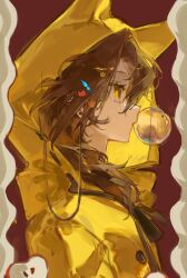 Rule 34 | 1girl, absurdres, animal ears, apple, apple slice, baicha735, blowing bubbles, brown hair, button hair ornament, cat ears, cat hair ornament, chewing gum, eyelashes, fish hair ornament, food, from side, fruit, hair ornament, highres, hood, hood up, hooded jacket, jacket, long hair, open mouth, original, paw hair ornament, procreate (medium), red background, solo, upper body, yellow eyes, yellow jacket