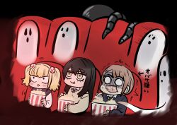 black_hair breasts bucket chibi closed_mouth eating food highres holding holding_food ichijou_michiru long_hair long_sleeves me-gu2 mieruko-chan movie_theater multiple_girls niguredou_julia open_mouth popcorn shirt skirt sweater tentacles theater theater_seating watching yellow_eyes yotsuya_miko yurikawa_hana