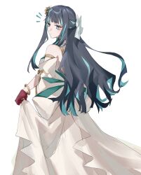1girl armlet bangle bare_shoulders black_hair blue_eyes body_markings bow bracelet dress fate/grand_order fate_(series) fuyotan highres jewelry long_hair looking_to_the_side multicolored_hair notice_lines off-shoulder_dress off_shoulder ribbon simple_background solo tenochtitlan_(fate) two-tone_hair white_background white_dress