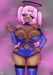 1girl areola_piercing blue_archive breasts dark-skinned_female dark_skin eyelashes eyeshadow ganguro gyaru halo houbou_ura large_areolae large_breasts lipstick makeup piercing pink_hair revealing_clothes thick_lips twintails yamanba_(gyaru) yuuka_(blue_archive)