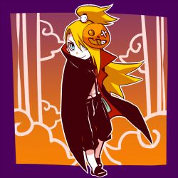 1boy blonde_hair blue_eyes border closed_mouth deidara_(naruto) fang full_body hair_over_one_eye halloween halloween_costume lowres male_focus mask naruto_(series) naruto_shippuuden orange_background ponytail purple_border skin_fang smile solo yosakuh
