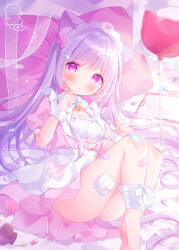 1girl animal_ear_fluff animal_ears apron balloon bandaged_leg bandages bandaid bandaid_hair_ornament bandaid_on_arm bandaid_on_finger bandaid_on_knee bandaid_on_leg bandaid_on_thigh bell blush bra breasts cat_ears cat_girl clipboard commentary cross_hair_ornament dress finger_to_mouth full_body gauze gauze_on_knee gauze_on_leg hair_ornament hairband head_on_pillow highres long_hair looking_at_viewer lying neck_bell nurse omochi_monaka on_back open_clothes open_dress original pill pill_bottle pillow pink_dress puffy_short_sleeves puffy_sleeves purple_eyes purple_hair short_dress short_sleeves signature small_breasts solo symbol-only_commentary twintails twitter_username underwear very_long_hair waist_apron white_apron white_bra white_hairband white_wrist_cuffs wrist_cuffs yume_kawaii