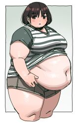 Rule 34 | 1girl, belly, big belly, black hair, blush, bob cut, breasts, brown eyes, brown shorts, clothes lift, fat, fat woman, from side, ki-da (ipkcte5b0htjned), large breasts, navel, obese, open mouth, original, shirt, shirt lift, short hair, short shorts, shorts, solo, standing, striped clothes, striped shirt, thick arms, thick thighs, thighs