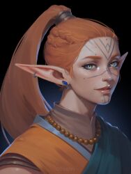 1girl absurdres artist_name baldur&#039;s_gate baldur&#039;s_gate_3 blue_eyes dcyann dungeons_&amp;_dragons dungeons_&amp;_dragons elf facepaint highres jewelry long_hair multicolored_eyes necklace orange_eyes orange_hair pointy_ears ponytail portrait solo tav_(baldur&#039;s_gate) two-tone_eyes