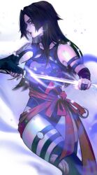 1girl absurdres armlet armor aura belt black_hair black_lips breasts bridal_gauntlets closed_mouth collarbone cowboy_shot earrings elizaaliorr eyeshadow facial_mark from_side hands_up highres holding holding_sword holding_weapon jewelry katana large_breasts leotard lips long_hair looking_at_viewer makeup marvel marvel_rivals o-ring o-ring_thigh_strap psylocke psylocke_(vengeance) purple_eyes purple_eyeshadow purple_leotard red_belt shoulder_armor sidelocks simple_background single_bare_shoulder solo standing superhero_costume sword thigh_strap weapon white_background x-men