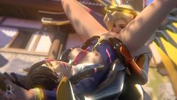 2girls 3d academy_d.va animated bottomless braid breasts cunnilingus d.va_(overwatch) facial_mark female_focus glasses gloves halo headphones jacket licking long_sleeves mechanical_wings mercy_(overwatch) multiple_girls necktie nipples no_panties oral overwatch overwatch_1 ponytail reddoe school_uniform socks tagme twintails video wings yuri