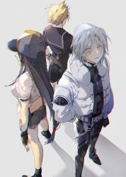 1girl 2boys aged_down arm_behind_back bare_legs baseball_cap bikini bikini_under_clothes black_bikini black_footwear black_gloves black_hair black_sailor_collar black_shirt black_shorts blonde_hair bombyxmori_ckr breasts closed_mouth cloud_strife cloud_strife_(maritime_sailor) commentary denim denim_skirt english_commentary final_fantasy final_fantasy_vii final_fantasy_vii_ever_crisis fingerless_gloves from_behind gloves grey_background grey_hair grey_skirt hand_on_own_arm hands_on_own_hips hat highres jacket large_breasts lifeguard long_hair looking_at_viewer low-tied_long_hair male_swimwear miniskirt multiple_boys official_alternate_costume open_clothes open_jacket sailor_collar see-through_clothes see-through_shirt sephiroth sephiroth_(ever_crisis) sephiroth_(natant_jacket) shirt short_hair short_sleeves shorts skirt standing swim_trunks swimsuit tied_shirt tifa_lockhart tifa_lockhart_(lifeguard) white_jacket white_shirt