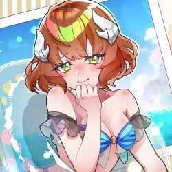 1girl anno_akira aqua_bikini bikini blue_bikini blue_sky blush breasts brown_hair closed_mouth cloud cloudy_sky dragon_musume_ni_naritakunai! duel_masters embarrassed frilled_arm_strap green_eyes hair_ornament hand_on_own_chin highres innertube medium_breasts multicolored_bikini ocean outside_border polaroid_photo short_hair sky solo strapless strapless_bikini striped_background sweatdrop swim_ring swimsuit tm11056 upper_body