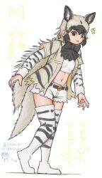 1girl animal_print belt black_belt black_boots black_bow black_bowtie black_hair black_jacket blush boots bow bowtie brown_eyes crop_top cutoffs extra_ears full_body hair_between_eyes hyena_ears hyena_girl hyena_tail imnim_leef jacket kemono_friends kemono_friends_3 long_hair long_sleeves looking_at_viewer midriff multicolored_boots multicolored_hair multicolored_jacket navel open_clothes open_jacket print_boots print_jacket shirt short_shorts short_sleeves shorts sidelocks solo striped_clothes striped_footwear striped_hyena_(kemono_friends) striped_jacket thigh_boots thighhighs translation_request two-tone_boots two-tone_hair two-tone_jacket white_boots white_hair white_jacket white_shirt white_shorts zettai_ryouiki