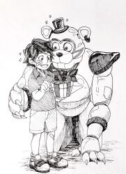 1boy 1other animal_ears bandaid bandaid_on_cheek bandaid_on_face bandaid_on_leg bear bear_ears bow bowtie box claws conabemin earrings five_nights_at_freddy&#039;s five_nights_at_freddy&#039;s:_security_breach furry furry_male gift gift_box glamrock_freddy gregory_(fnaf) happy hat highres holding holding_gift jack-in-the-box jewelry kneeling looking_at_another looking_at_object mini_hat mini_top_hat non-humanoid_robot open_mouth pants ribbon robot shirt shota smile sparkle spiked_wristband top_hat white_background