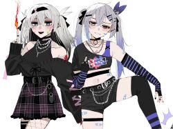 2girls bandaid bandaid_on_arm bandaid_on_face bandaid_on_thigh belt black_cardigan black_hairband black_nails black_shirt black_shorts black_skirt black_thighhighs blue_eyes blue_hair blush cardigan carrot_011 commentary cowboy_shot ear_piercing elbow_gloves firefly_(honkai:_star_rail) fishnet_pantyhose fishnets gloves gradient_hair grey_eyes grey_hair hair_ornament hairband hairclip highres honkai:_star_rail honkai_(series) long_hair looking_at_viewer middle_finger midriff multicolored_hair multiple_girls navel off_shoulder open_mouth pantyhose parted_lips piercing plaid_clothes plaid_skirt pleated_skirt purple_skirt scar scar_on_face shirt shorts silver_wolf_(honkai:_star_rail) simple_background skirt sleeveless sleeveless_shirt smile striped_clothes striped_gloves symbol-only_commentary thigh_strap thighhighs twintails white_background