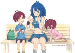 1boy 2girls ahoge aqua_neckerchief backpack bag bare_shoulders bench black_shorts blue_eyes blue_hair blue_shirt blue_skirt child collared_shirt cropped_shirt dress food hair_bobbles hair_ornament highres holding holding_food komari_hina komari_susumu looking_at_another make_heroine_ga_oo_sugiru! medium_hair multiple_girls navel navel_piercing neckerchief official_alternate_costume on_bench open_mouth piercing pink_dress pleated_skirt poking_belly red_hair sailor_collar shirt short_hair shorts simple_background sitting skirt sleeveless sleeveless_shirt toyosora white_background white_sailor_collar yanami_anna yellow_eyes