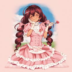 1girl bead_bracelet bead_necklace beads blush bow bracelet braid brown_hair buttons cake cake_slice closed_eyes closed_mouth dark-skinned_female dark_skin dress food fork frilled_dress frilled_sleeves frills fruit gloves grass hair_between_eyes hair_bow hair_ornament hairclip hand_on_own_cheek hand_on_own_face highres holding holding_fork jacket jewelry long_hair necklace original outdoors picnic_blanket pink_bow pink_dress pink_jacket pink_theme plate puffy_short_sleeves puffy_sleeves ribbon short_sleeves sitting sky smile solo strawberry twin_braids white_gloves white_ribbon wormy_owo