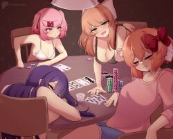 4girls :3 angry arm_rest bare_shoulders black_bra black_panties bow bra breasts card chair clenched_hand closed_eyes closed_mouth cup doki_doki_literature_club drinking_glass elbow_rest from_behind from_side green_eyes grey_background hair_between_eyes hair_bow hair_ribbon hand_rest head_on_table highres indoors lamp large_breasts leaning_back long_hair looking_at_another looking_at_viewer medium_breasts medium_hair monika_(doki_doki_literature_club) multiple_girls natsuki_(doki_doki_literature_club) no_shirt nude open_mouth orange_hair panties pink_bow pink_hair pink_sweater playing_card poker_chip pout purple_eyes purple_hair raion_(raionart) reaching reaching_towards_another red_bow red_ribbon ribbon sayori_(doki_doki_literature_club) short_shorts short_sleeves shorts shot_glass sideboob sitting sleeping smug strip_game strip_poker sweater table thighs twintails underwear upper_body white_bra yuri_(doki_doki_literature_club)
