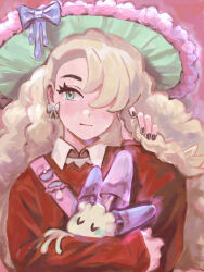 1girl big_hair black_nails blonde_hair bow bow_earrings braid closed_eyes collared_shirt commission earrings fingernails fur-trimmed_headwear fur_trim gen_7_pokemon go-lurk green_eyes hair_over_one_eye hand_up hat hat_bow highres holding holding_own_hair holding_pokemon jewelry light_smile long_hair looking_at_viewer morelull nail_polish nintendo original plant_monster pokemon pokemon_(creature) red_sweater shirt sleeping sleeves_past_wrists solo sun_hat sweater u_u