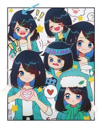 ! !! ... 1girl :d :o ;) ? @_@ absurdres alynn610 black_hair blue_eyes blue_hair blue_hat blue_jacket blush blush_stickers border closed_mouth colored_inner_hair hair_ornament hairclip hat headband heart heart_hands highres jacket liko_(pokemon) looking_at_viewer multicolored_hair multiple_views nidothing nintendo one_eye_closed open_mouth pokemon pokemon_(anime) pokemon_horizons pout scarf shirt smile spoken_ellipsis spoken_question_mark star_(symbol) sweat sweatdrop three-quarter_sleeves two-tone_hair upper_body white_border white_shirt