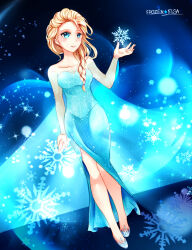 1girl artist_request bare_legs bare_shoulders blonde_hair blue_dress blue_eyes blush braid breasts contrapposto disney dress elsa_(frozen) frozen_(disney) full_body hair_over_shoulder highres ice long_hair makeup simple_background single_braid smile snow snowflakes solo_focus