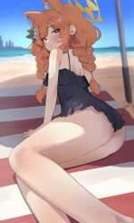 Rule 34 | 1girl, absurdres, alternate costume, animal ear fluff, animal ears, bare arms, bare legs, bare shoulders, beach, black one-piece swimsuit, blue archive, blue eyes, blush, braid, cat ears, cat girl, closed mouth, d (delt4), extra ears, flower, from behind, hair flower, hair ornament, highres, looking at viewer, mari (blue archive), ocean, off-shoulder one-piece swimsuit, off shoulder, one-piece swimsuit, orange hair, smile, solo, swimsuit, twin braids, white flower