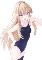 1girl black_thighhighs blonde_hair blue_eyes blush breasts collarbone competition_school_swimsuit competition_swimsuit covered_navel hondahiro long_hair looking_at_viewer one-piece_swimsuit open_mouth original school_swimsuit simple_background small_breasts smile solo swimsuit thighhighs thighs white_background