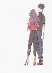 Rule 34 | bare shoulders, black hair, black pants, black shirt, blurry, blurry background, digimon, digimon adventure 02: the beginning, from behind, full body, gdn0522, grey background, grey pants, ichijouji ken, inoue miyako, long hair, off-shoulder shirt, off shoulder, pants, purple hair, red shirt, shirt, short hair, simple background