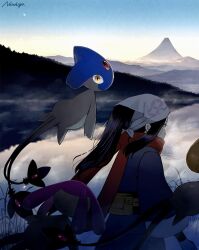 1girl akari_(pokemon) artist_name azelf belt_pouch black_hair black_kimono black_sash blue_sky closed_mouth floating fog forehead_jewel from_behind galaxy_expedition_team_survey_corps_uniform gem gen_4_pokemon headscarf highres japanese_clothes kimono lake legendary_pokemon looking_at_viewer looking_back mesprit mountain nintendo no_ichigo obi outdoors pokemon pokemon_(creature) pokemon_legends:_arceus ponytail pouch red_gemstone red_scarf reflection reflective_water sash scarf short_kimono sidelocks sky standing tail uxie white_headscarf yellow_eyes