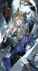 Rule 34 | 1boy, ancient greek clothes, animal ears, arknights, arm up, ascot, black cat, black choker, black coat, black gloves, black jacket, black necktie, black pants, blue sash, bow, brooch, brown hair, bug, butterfly, cable, castle, cat, cat boy, cat ears, chalice, choker, claw ring, coat, collarbone, commentary, cowboy shot, cropped jacket, cup, disembodied hand, fangs, full moon, gloves, greco-roman clothes, grey shawl, hair over one eye, hand on own chest, highres, himation, holding, holding cup, insect, jacket, jewelry, laurel crown, liquid, long sleeves, looking at viewer, male focus, material growth, miss christine (arknights), moon, multiple rings, necktie, one eye covered, open clothes, open jacket, open mouth, oripathy lesion (arknights), pants, phantom (arknights), pouring, pouring onto self, puritan collar, purple ribbon, reaching, reaching towards another, red bow, ribbon, ring, sash, scar, scar on neck, shawl, short hair, skeletal arm, slit pupils, solo, sqloveraven, standing, sunburst, symbol-only commentary, tragodia (arknights), white ascot, white butterfly, yellow eyes, zipper