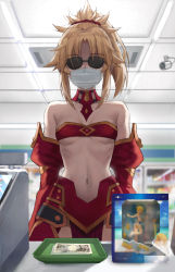 1girl arms_at_sides artoria_pendragon_(fate) artoria_pendragon_(swimsuit_archer)_(fate) artoria_pendragon_(swimsuit_archer)_(first_ascension)_(fate) bandeau banknote bare_shoulders black-framed_eyewear blonde_hair blurry blurry_background breasts cash_register convenience_store covered_mouth cowboy_shot detached_collar detached_sleeves facing_viewer fate/apocrypha fate_(series) female_focus figure high_ponytail highres indoors mask money mordred_(fate) mordred_(fate/apocrypha) mouth_mask navel parted_bangs ponytail shop small_breasts solo sunglasses surgical_mask tonee underboob upper_body yen