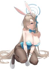 1girl absurdres animal_ears asuna_(blue_archive) asuna_(bunny)_(blue_archive) bare_shoulders blonde_hair blue_archive blue_bow blue_bowtie blue_eyes blue_halo blue_leotard bow bowtie breasts cleavage detached_collar fake_animal_ears full_body gloves hair_over_one_eye hair_ribbon halo highres kneeling large_breasts leotard liago long_hair looking_at_viewer pantyhose rabbit_ears ribbon smile solo strapless strapless_leotard thighband_pantyhose very_long_hair white_gloves
