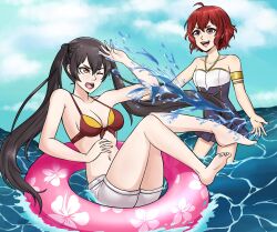 2girls alisa_(vallurite) alternate_costume arm_up barefoot bikini black_hair black_one-piece_swimsuit breasts cleavage female_morgan_(fire_emblem) fire_emblem fire_emblem_awakening highres legs_up long_hair medium_breasts multiple_girls navel nintendo one-piece_swimsuit one_eye_closed open_mouth pink_innertube red_bikini red_hair severa_(fire_emblem) short_hair siblings sisters small_breasts smile splashing swimsuit thighs twintails water