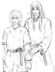 2boys belt belt_buckle blunt_bangs buckle canute closed_mouth hair_between_eyes height_difference long_hair looking_at_viewer male_focus march_tai monochrome multiple_boys nervous prince sidelocks sketch sweat thorfinn tunic viking vinland_saga