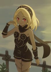 1girl bare_shoulders black_scarf blonde_hair commentary dark-skinned_female dark_skin dress gravity_daze hairband highres kitten_(gravity_daze) long_hair looking_at_viewer red_eyes scarf sktkhr smile solo strapless vambraces