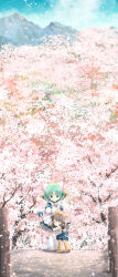 2girls animal_hat anzu_yoshihiro apron bell brown_hair cat_hat cat_tail cherry_blossoms dejiko di_gi_charat dress green_hair hat highres hug jingle_bell mountain multiple_girls outdoors petals puchiko spring_onion tail tree white_apron