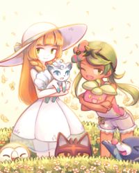 2girls alolan_form alolan_vulpix blonde_hair bounsweet braid bush creatures_(company) dark-skinned_female dark_skin dress flower game_freak gen_1_pokemon gen_7_pokemon green_eyes green_hair hair_flower hair_ornament hat lillie_(pokemon) litten long_hair looking_at_viewer makaroll mallow_(pokemon) multiple_girls nintendo npc_trainer open_mouth pokemon pokemon_(creature) pokemon_sm popplio rowlet sleeveless sleeveless_dress smile starter_pokemon_trio sun_hat trial_captain twin_braids twintails vulpix white_dress white_hat