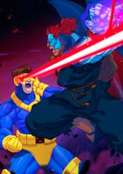 Rule 34 | 2boys, akuma (street fighter), angry, attack, battle, brown hair, capcom, cyber-akuma, cyborg, cyclops (x-men), eye beam, gloves, jumping, laser, marvel, marvel super heroes vs. street fighter, marvel vs. capcom, multiple boys, red eyes, red hair, street fighter, x-men