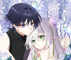 1boy 1girl alternate_hairstyle bare_shoulders black_bodysuit black_hair blue_pupils blunt_ends bodysuit closed_mouth covered_collarbone cross-shaped_pupils eyelashes eyeliner eyeshadow fingernails genshin_impact green_eyes green_hair hair_down hair_intakes hand_on_another&#039;s_shoulder hetero highres holding_hands kebi37509316 looking_at_another looking_at_viewer makeup mandarin_collar multicolored_hair nahida_(genshin_impact) open_mouth plant pointy_ears purple_eyes purple_veil red_eyeliner red_eyeshadow scaramouche_(genshin_impact) sleeveless sleeveless_bodysuit streaked_hair symbol-shaped_pupils tsurime veil wanderer_(genshin_impact) white_hair