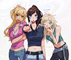 3girls black_hair black_shirt blonde_hair blue_eyes blue_shirt breasts class_of_09 denim emily_(class_of_09) hair_bun highres hinaten jeans jecka_(class_of_09) laughing long_hair looking_at_viewer multiple_girls multiple_scars navel nicole_(class_of_09) one_eye_closed open_mouth pants pink_shirt pointing ponytail scar self-harm_scar shirt sleeveless smile yellow_eyes