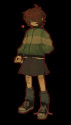 1other absurdres adapted_costume androgynous bandaid bandaid_on_leg black_background black_shoes black_skirt brown_hair closed_mouth commentary deltarune english_commentary full_body green_jacket grey_leg_warmers hair_over_eyes hand_in_pocket heart highres holding holding_knife jacket knife kris_(deltarune) leg_warmers long_sleeves medium_hair other_focus outline red_outline shoes simple_background skirt sneakers solo sunny_sakana untied_shoelaces