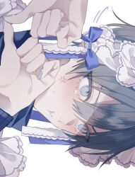 Rule 34 | 1boy, anger vein, averting eyes, blue eyes, blue hair, blue jacket, blue lock, blue nails, blush, closed mouth, crossdressing, crossdressing (mtf), heart, heart hands, isagi yoichi, jacket, long sleeves, maid, maid headdress, male focus, portrait, pout, short hair, sideways, simple background, solo, tearing up, uu., uu bll, white background