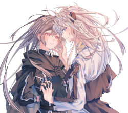 2girls absurdres blonde_hair blush collared_dress commentary_request dress duel_monster emptyayya eye_contact grey_hair hand_on_another&#039;s_face highres holding_hands interlocked_fingers long_hair long_sleeves looking_at_another multiple_girls necktie red_eyes simple_background sky_striker_ace_-_raye sky_striker_ace_-_roze smile yu-gi-oh! yuri