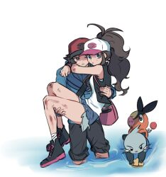 1boy 1girl 2g2hpo antenna_hair baseball_cap blue_eyes brown_eyes carrying denim denim_shorts dewott exposed_pocket gen_5_pokemon hat hilbert_(pokemon) hilda_(pokemon) injury looking_at_viewer nintendo one_eye_closed pants pants_rolled_up pokemon pokemon_bw princess_carry shorts tepig wading