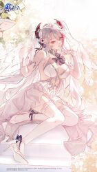 1girl azur_lane bare_shoulders black_bow bow breasts bridal_gauntlets bridal_veil cleavage commentary dress english_commentary garter_straps grey_hair hair_bow high_heels highres horns indoors kei_(keiuu) large_breasts long_hair looking_at_viewer multicolored_hair official_alternate_costume official_art prinz_eugen_(azur_lane) prinz_eugen_(symphonic_fate)_(azur_lane) red_hair shoes sitting solo stairs streaked_hair thighhighs veil very_long_hair wedding_dress white_bridal_gauntlets white_dress white_garter_straps white_shoes white_thighhighs
